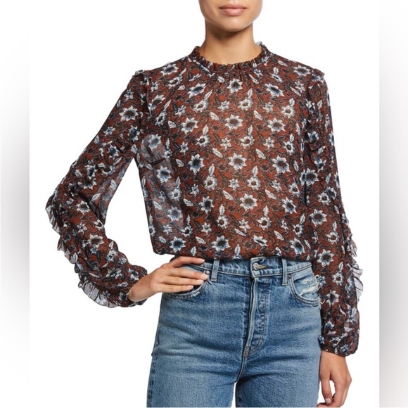 Veronica Beard Carolina 100% Silk Floral Long Sleeve Top Size 8 Clay Multi Sheer - Picture 1 of 7